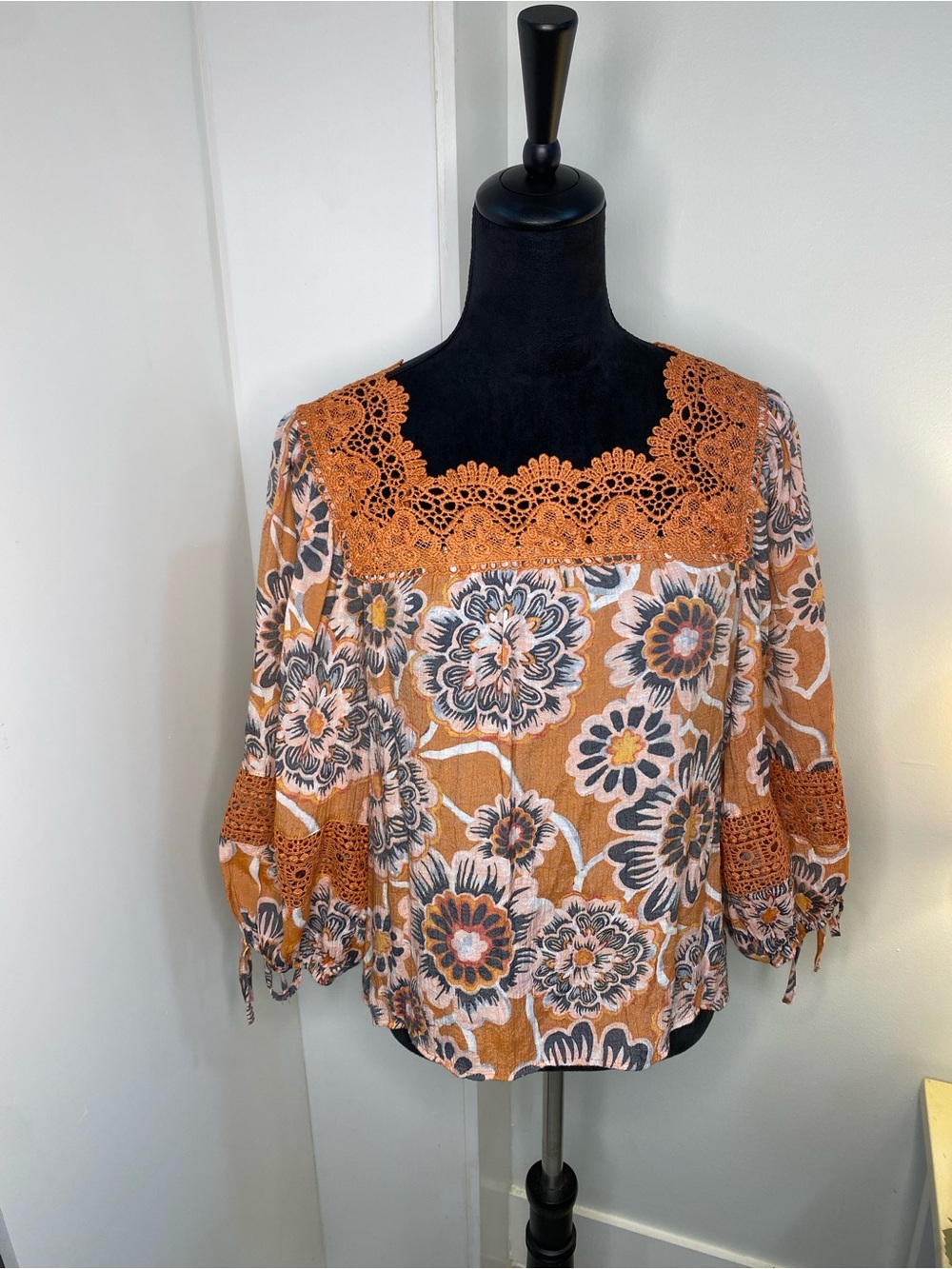 Zac & Rachel Rust Floral Crochet-Trim Square Neck Blouse